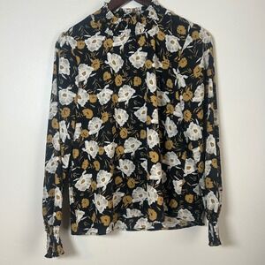 HAYDEN LOS ANGELES Black Floral Mock Neck Smocked Blouse Women's M